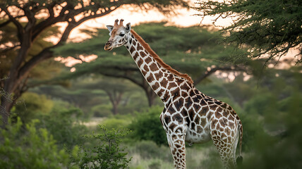 Obraz premium Giraffe stands tall in a savanna landscape. 
