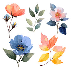 Vector set of vibrant watercolor flowers and green leaves isolated on white background