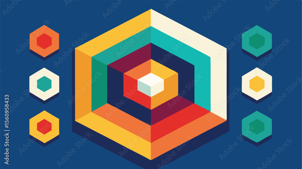 Poster isometric hexagonal design with modern retro colors and geometric shape elements