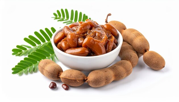 Sweet tamarind in a white bowl with fresh tamarind pods and leaves on white background