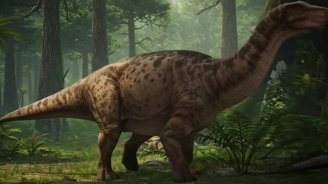 Iguanodon in Primeval Forest: A majestic Iguanodon, a herbivorous dinosaur, roams a lush primeval forest, embodying the mystique of the prehistoric era and the grandeur of life long past.