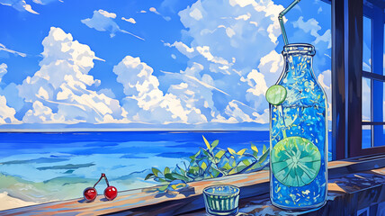 海辺に咲く花と果実、メロンクリームソーダが描く、透き通るような空と雲と光が奏でる夏の記憶をイメージした明るく爽やかなイラスト素材