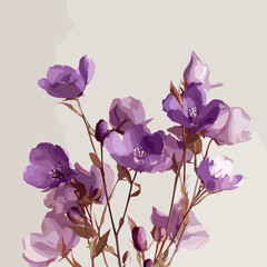 Purple flowers with green leaves and stems isolated on white background, vector illustration