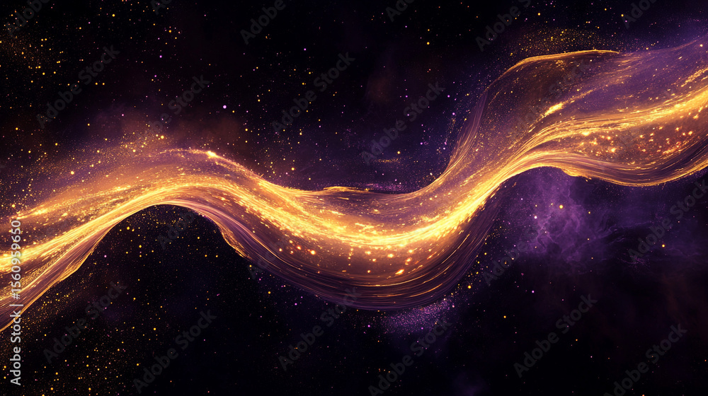Poster abstract energy wave on dark background with purple and gold color particle. dynamic swirling energy