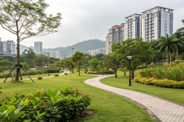 Scenic public park in city with vibrant green plants trees grass. Calm urban space with pathway, modern buildings. Landscape photo, relaxation, serenity, peaceful atmosphere, healthy eco lifestyle