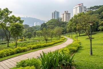 Fototapeta premium Scenic public park in city with vibrant green plants trees grass. Calm urban space with pathway, modern buildings. Landscape photo, relaxation, serenity, peaceful atmosphere, healthy eco lifestyle