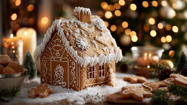 Closeup of a charming gingerbread house made entirely from organic ingredients, promoting healthy and sustainable holiday treats.
