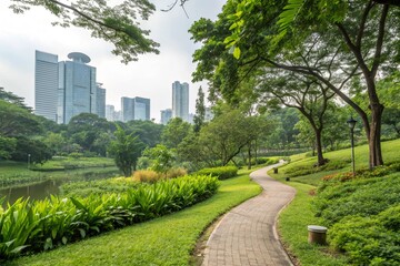 Fototapeta premium Scenic public park in city with vibrant green plants trees grass. Calm urban space with pathway, modern buildings. Landscape photo, relaxation, serenity, peaceful atmosphere, healthy eco lifestyle