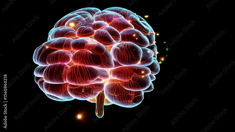Poster polygonal human brain showing colorful connections, representing activity and synapses firing, on a 