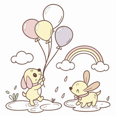Playful Surprised Puppies design, styled with splashing in puddles and Soft Pastel shades in a Soft pastel setting