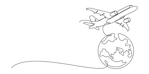airplane flying around the earth with continuous line drawing of globe.concept of travel tourism and travel vector 2