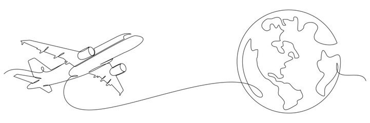 airplane flying around the earth with continuous line drawing of globe.concept of travel tourism and travel vector 3