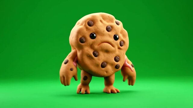 Sad anthropomorphic cookie character on clean green screen studio background