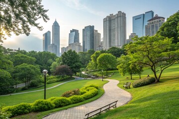 Naklejka premium Scenic public park in city with vibrant green plants trees grass. Calm urban space with pathway, modern buildings. Landscape photo, relaxation, serenity, peaceful atmosphere, healthy eco lifestyle