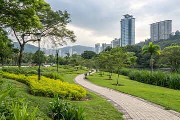 Fototapeta premium Scenic public park in city with vibrant green plants trees grass. Calm urban space with pathway, modern buildings. Landscape photo, relaxation, serenity, peaceful atmosphere, healthy eco lifestyle