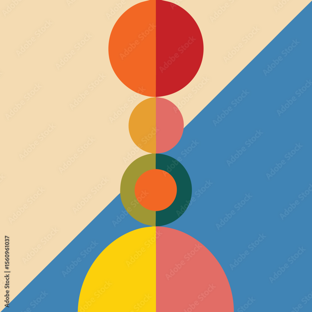 Poster abstract composition with geometric shapes featuring circles and symmetrical color blocks