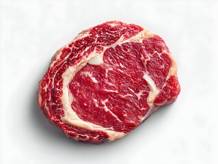 Obraz premium Fresh raw ribeye steak exhibits a rich marbling of fat against a pure white backdrop creating visual contrast.