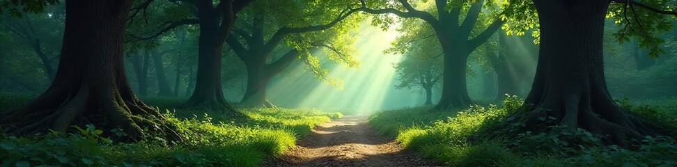 Obraz premium Enigmatic Forest Path Dappled Sunlight Illuminates a Mystical Woodland Walk