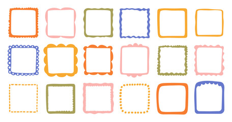 A collection of colorful hand-drawn square frames. Vector decorative borders for scrapbooking, greeting cards, invitations, photo albums, labels, posters, and creative design projects. 