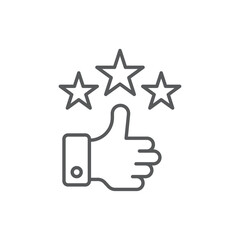 Line style icon of a thumbs up with three stars, representing top-tier quality, excellent rating, or positive customer review