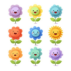 Colorful vector illustration of nine smiling flowers with leaves in various vibrant hues