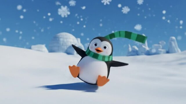 A playful penguin cartoon is sliding down a snow covered hill with an igloo in the background under a clear sky.
