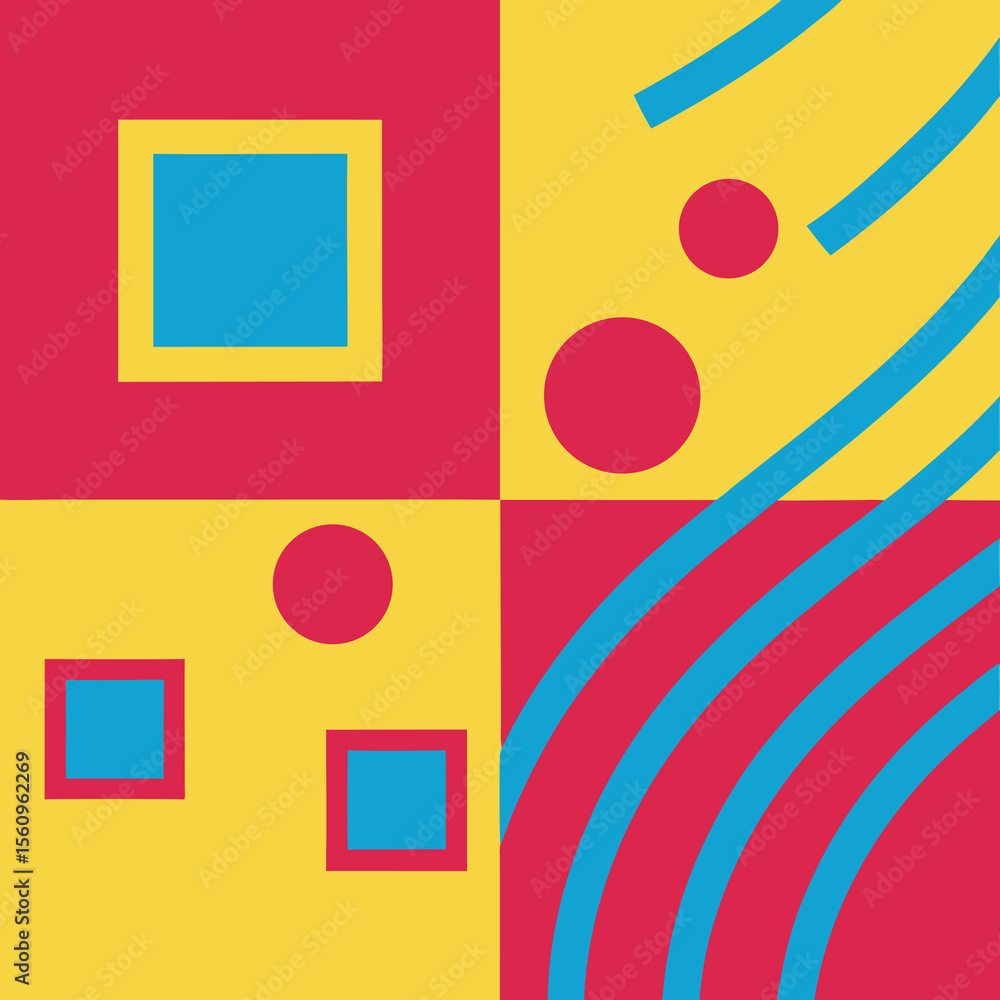 Poster abstract geometric composition featuring colorful squares circles and diagonal lines
