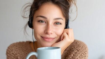 Smiling customer service representative holding ceramic coffee mug while relaxing with headphones