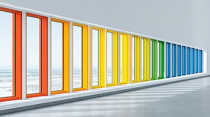 Obraz premium Colorful windows line a modern hallway.