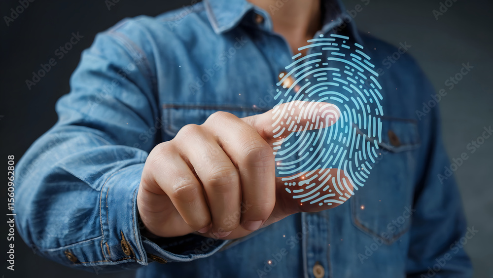 Poster a digital fingerprint scan illustration with human touch, representing futuristic technology for sec