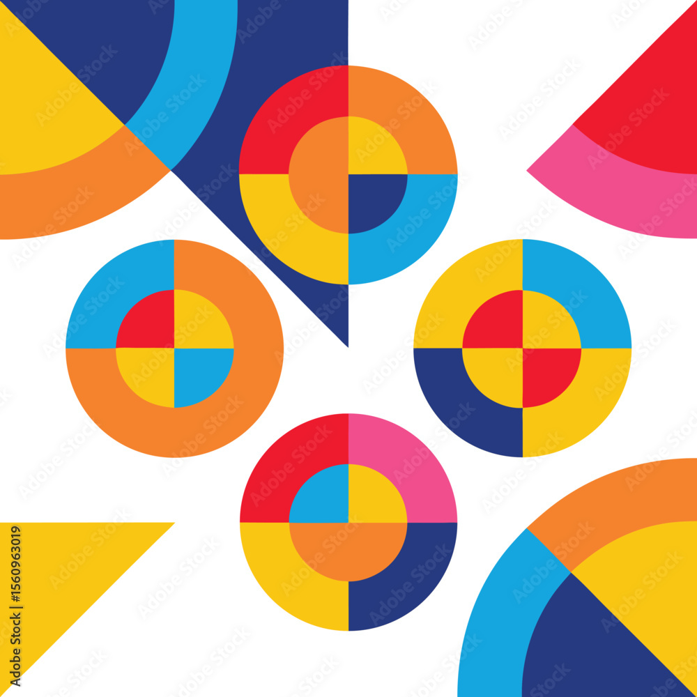 Poster abstract geometric composition of colorful overlapping shapes with a white background