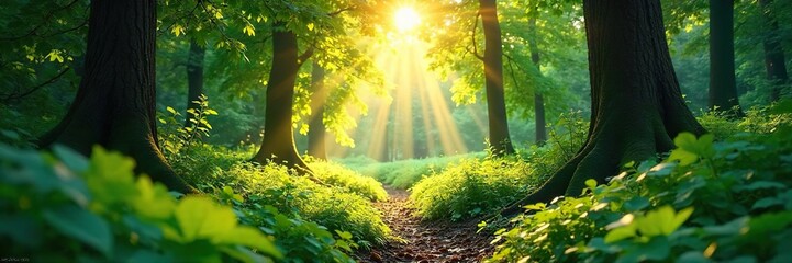 Obraz premium Magical Sun-Dappled Forest Lush Green Canopy, Vibrant Summer Light, Perfect for Nature, Travel & Environmental Projects
