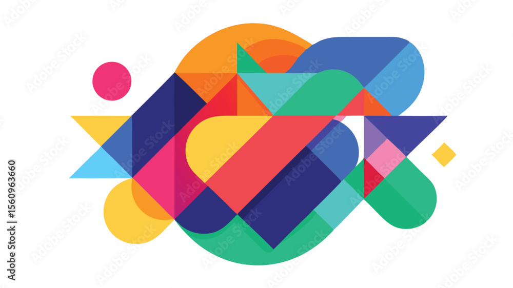 Poster abstract geometric composition of overlapping shapes with transparent elements and vivid colors