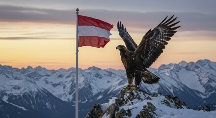 Fototapeta premium Majestic Golden Eagle Atop Snowy Peak with Austrian Flag