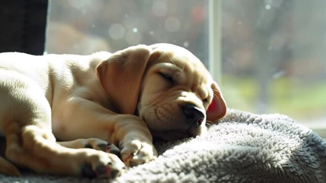 Labrador puppy sleeping in sunlight on blanke