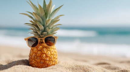 Pineapple with sunglasses in sand for a fun summer beach theme