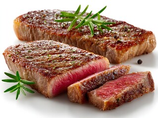 Appetizing rare grilled steak with fresh rosemary garnish served on a white plate for dinner service.