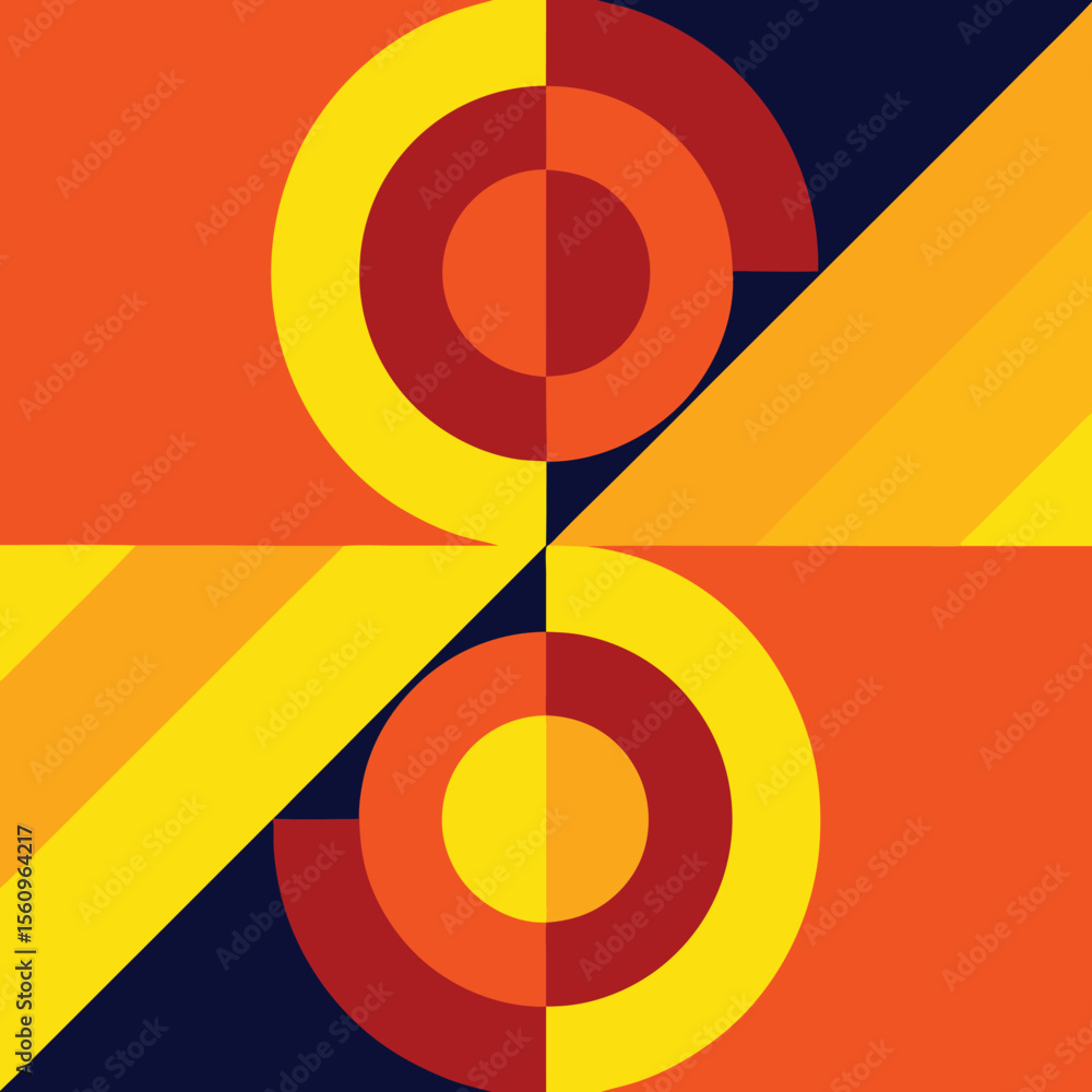Poster abstract geometric composition with circular forms and diagonal slices in warm tones