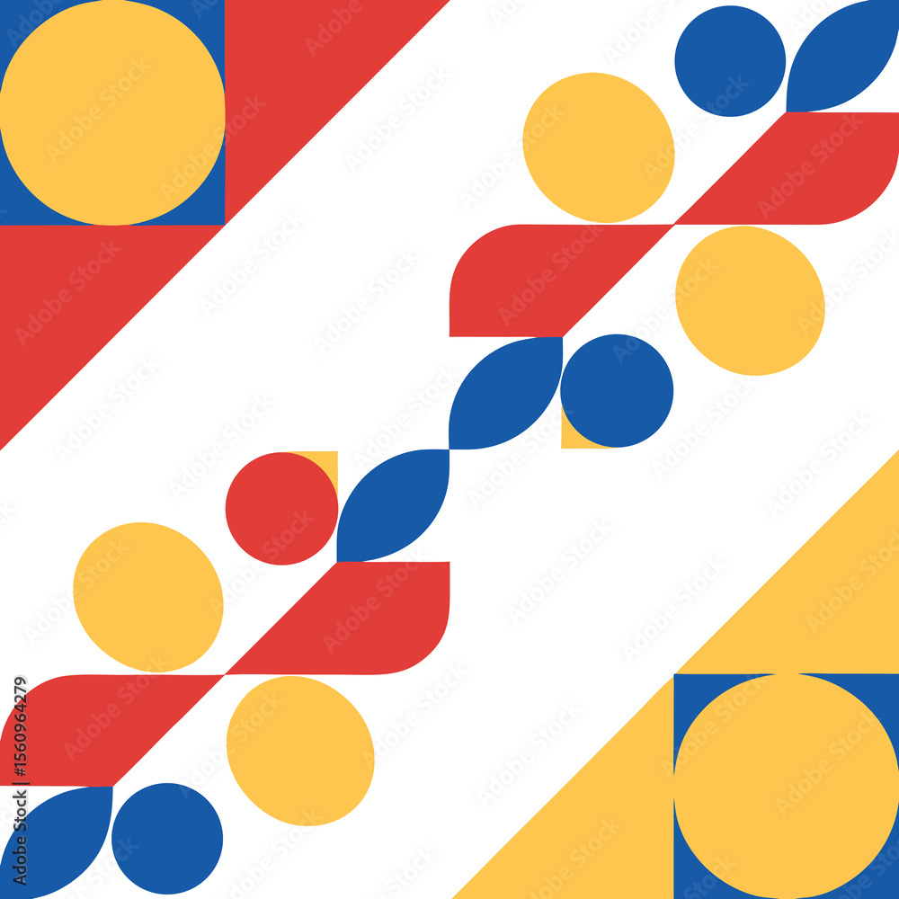 Poster abstract geometric composition with circles triangles and symmetrical color shapes