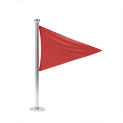 Red pennant flag on metal pole. Triangular banner on stand. Symbol of competition, sport.
