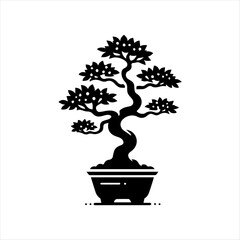 A stylized bonsai tree with a twisting trunk in a decorative pot, presented in a black and white vector graphic.