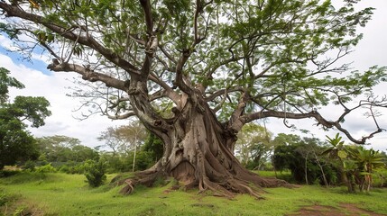 Close-up of a kapok tree with bright red flowers blooming on bare branches, showcasing its tall trunk, rough bark, and tropical charm in a garden or forest setting under sunlight