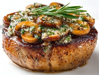 A delicious looking pork medallion is topped with sauteed mushrooms and garnished with fresh rosemary sprig.