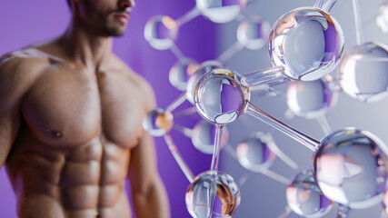 Growth hormone peptides, male torso, molecular structure, biotechnology background, muscle building, fitness science, health innovation, peptide research, futuristic design