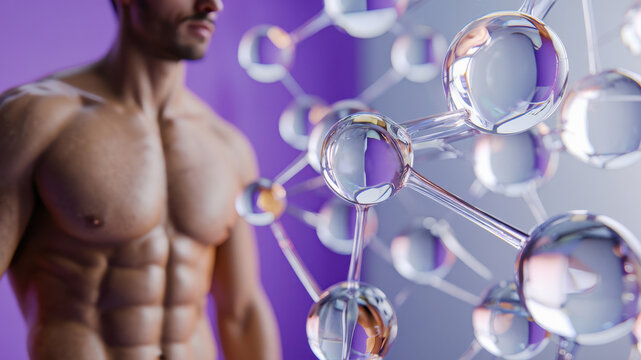 Growth hormone peptides, male torso, molecular structure, biotechnology background, muscle building, fitness science, health innovation, peptide research, futuristic design - Powered by Adobe