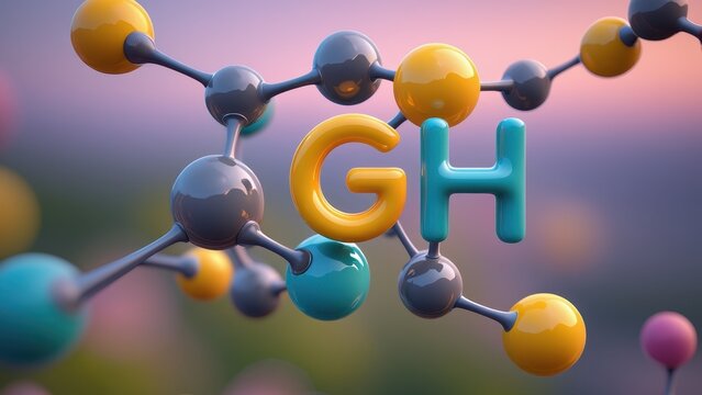 Growth hormone, somatropin molecule, GH letters, peptide hormone structure, biotechnology concept, medical science, endocrine system, 3D molecular model, healthcare innovation