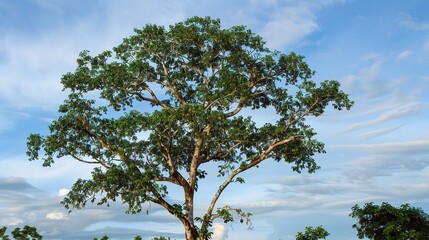 Close-up of a kapok tree with bright red flowers blooming on bare branches, showcasing its tall trunk, rough bark, and tropical charm in a garden or forest setting under sunlight