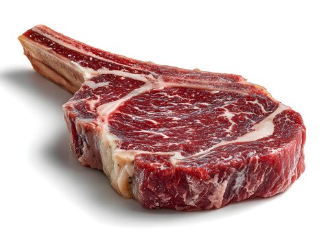 Exquisite raw tomahawk steak displays rich marbling with bone-in cut, perfect for gourmet grilling preparation. - Powered by Adobe