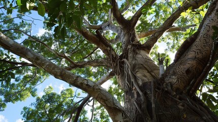 Close-up of a kapok tree with bright red flowers blooming on bare branches, showcasing its tall trunk, rough bark, and tropical charm in a garden or forest setting under sunlight