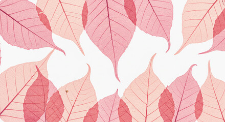 Overlapping pink leaves with visible veins create a delicate and textured pattern on white.